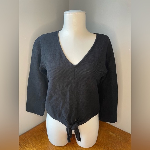 Madewell Texture & Thread Tie-Knot V-Neck Blouse Cropped Black Cotton Size XS - Picture 1 of 16